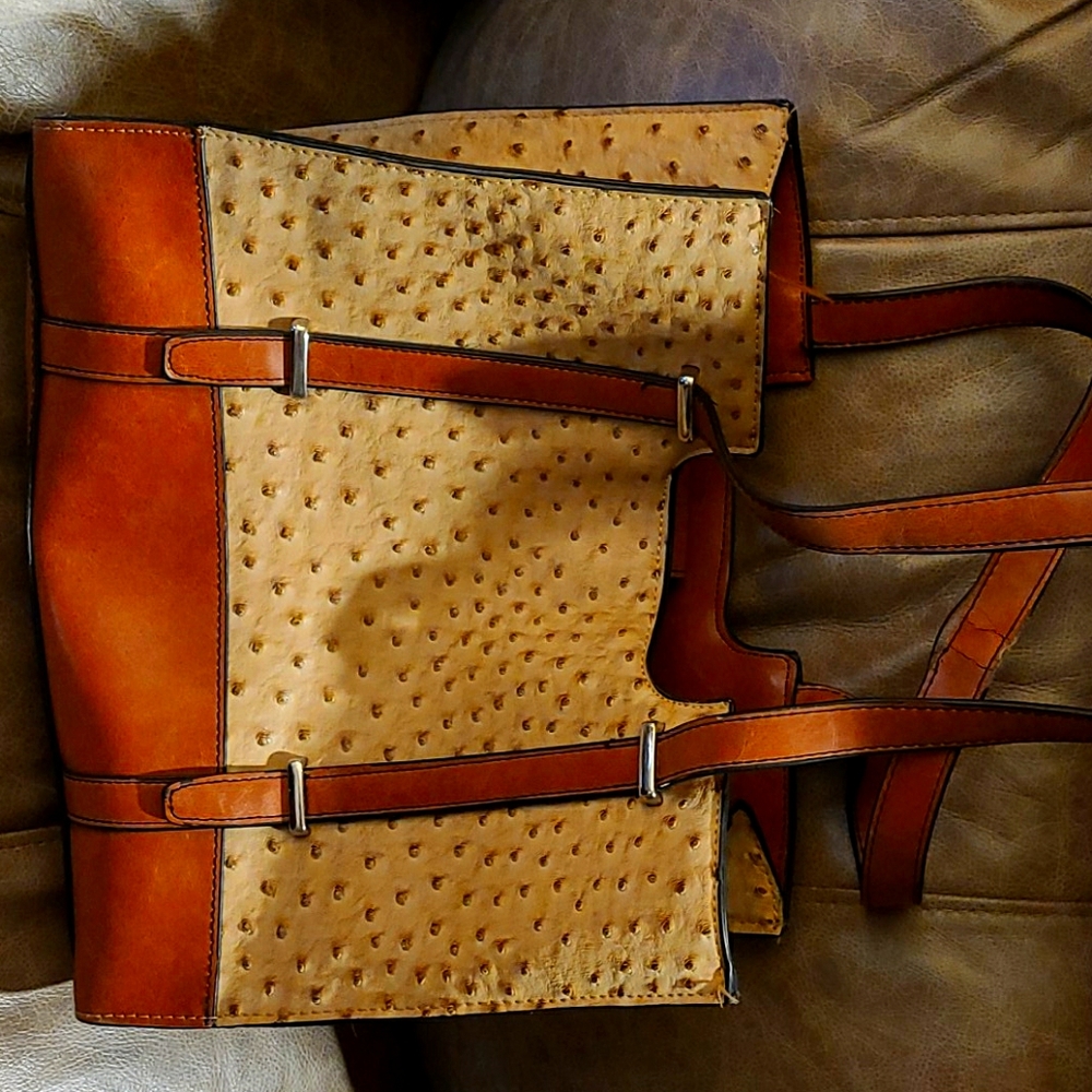 Ostrich Cream and Tan Handbag
